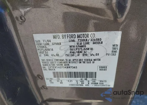 2005 Ford F-150 Fx4/Lariat/Xl/Xlt z USA, uszkodzony, nr VIN 1FTPX14575KB97363